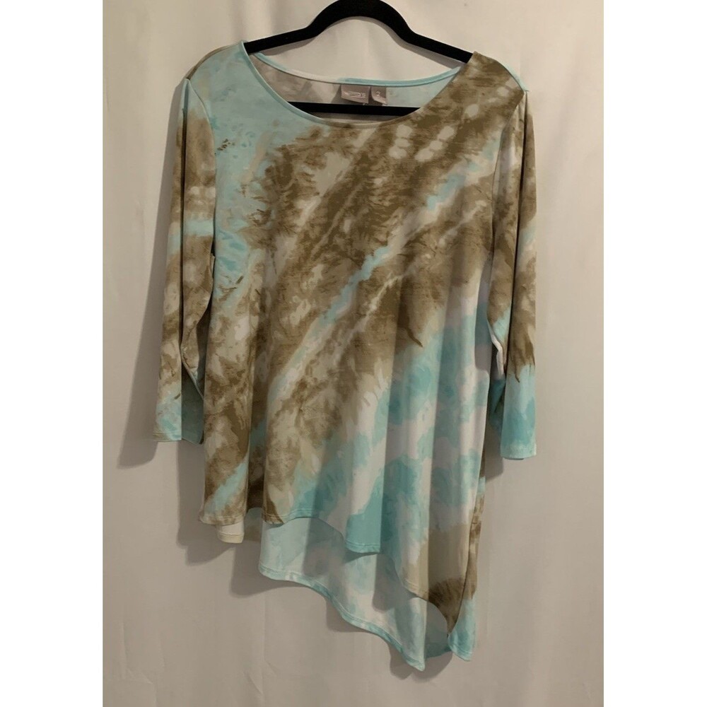 Chicos Size 2 Womens Large Top Asymmetrical Hem Stretch 3/4 Sleeve Tunic